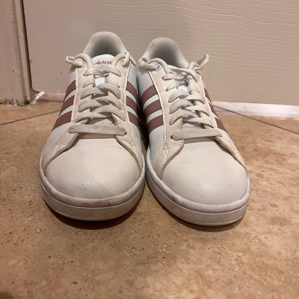 Adidas Women’s White Sneakers with Brown Accent Stripes